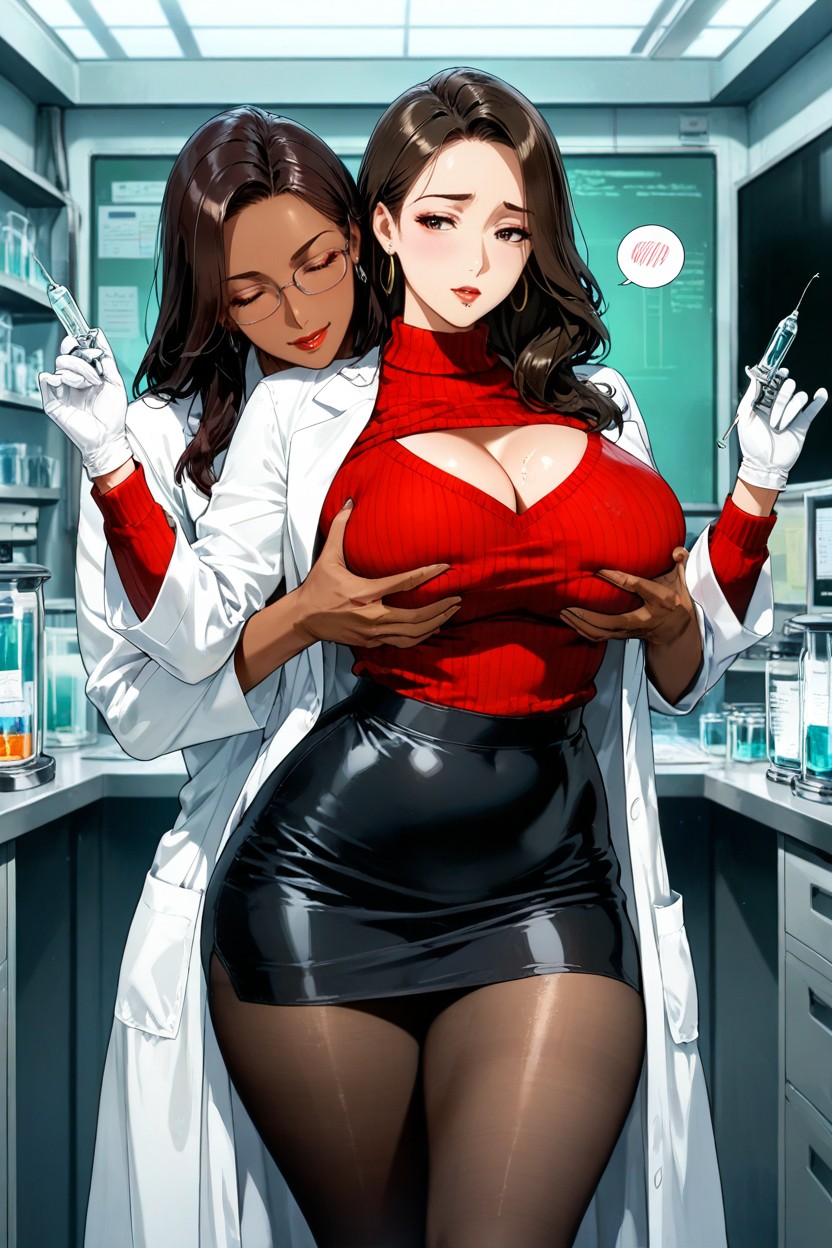 Rounded Bubble Ass, Red Tight Sweater, White Lab Coat Hentai AI Porn