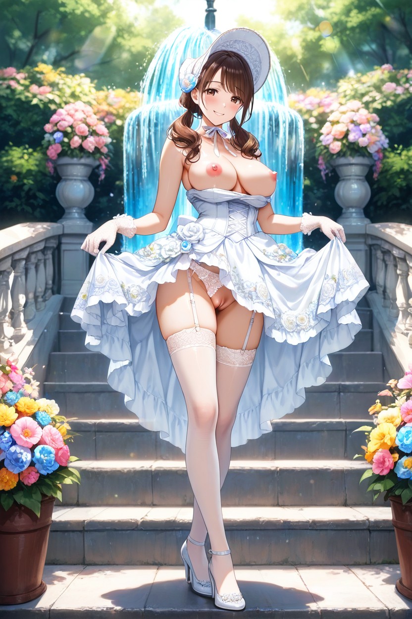 Wispy Hair Bangs, Large Brown Eyes, Erect Puffy Pink Nipples Exposed Hentai AI Porn