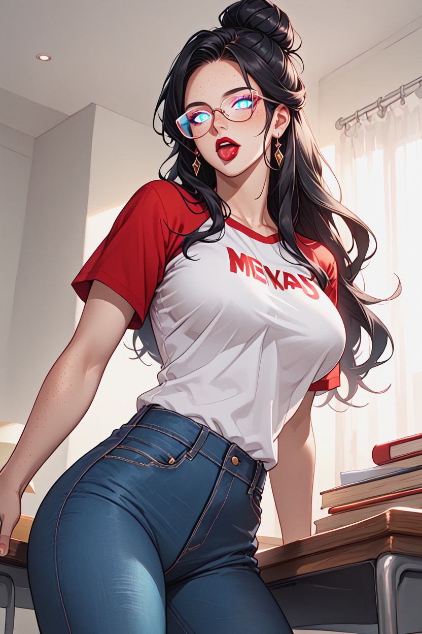 Hourglass, Hair Bun, Reds Hentai AI Porn
