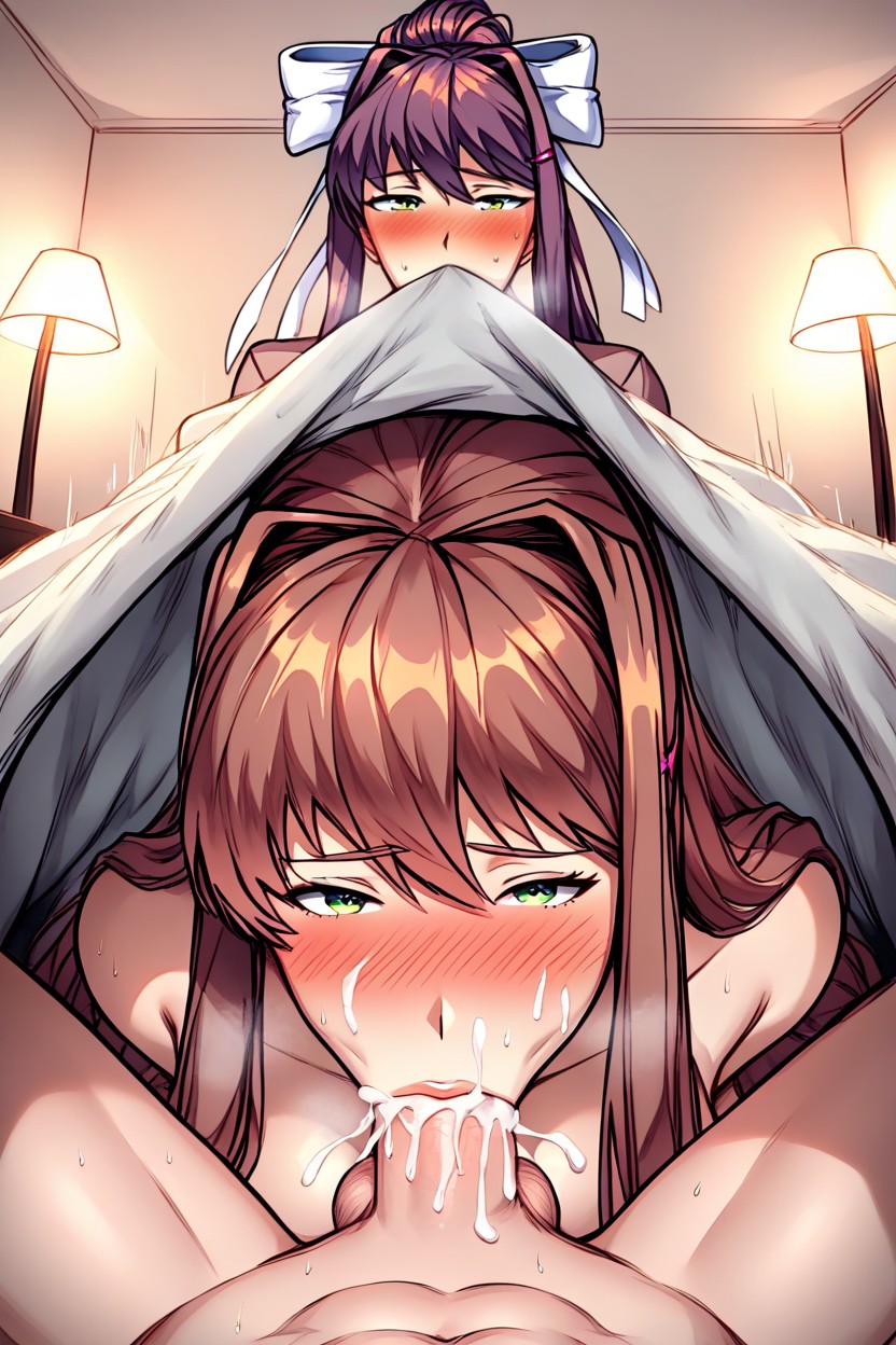 One Man, Yuri From Doki Doki Literature Club, Hiding Under Covers In Bed Hentai AI Porn