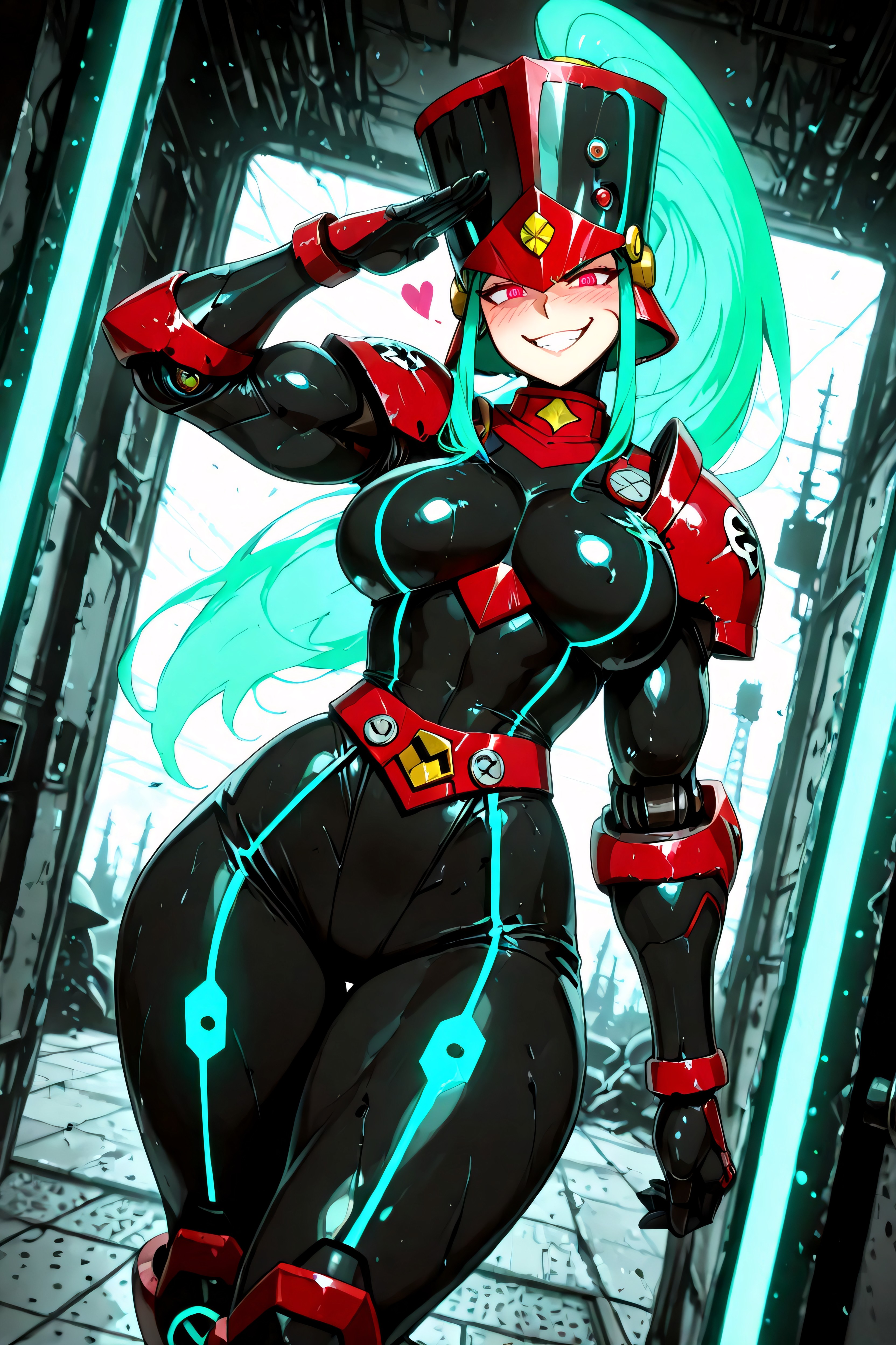 She Delivers A Sharp, Confident Military Salute With Her Right Hand Raised To Her Helmet Brow, Heavy Armored Combat Boots Hentai AI Porn