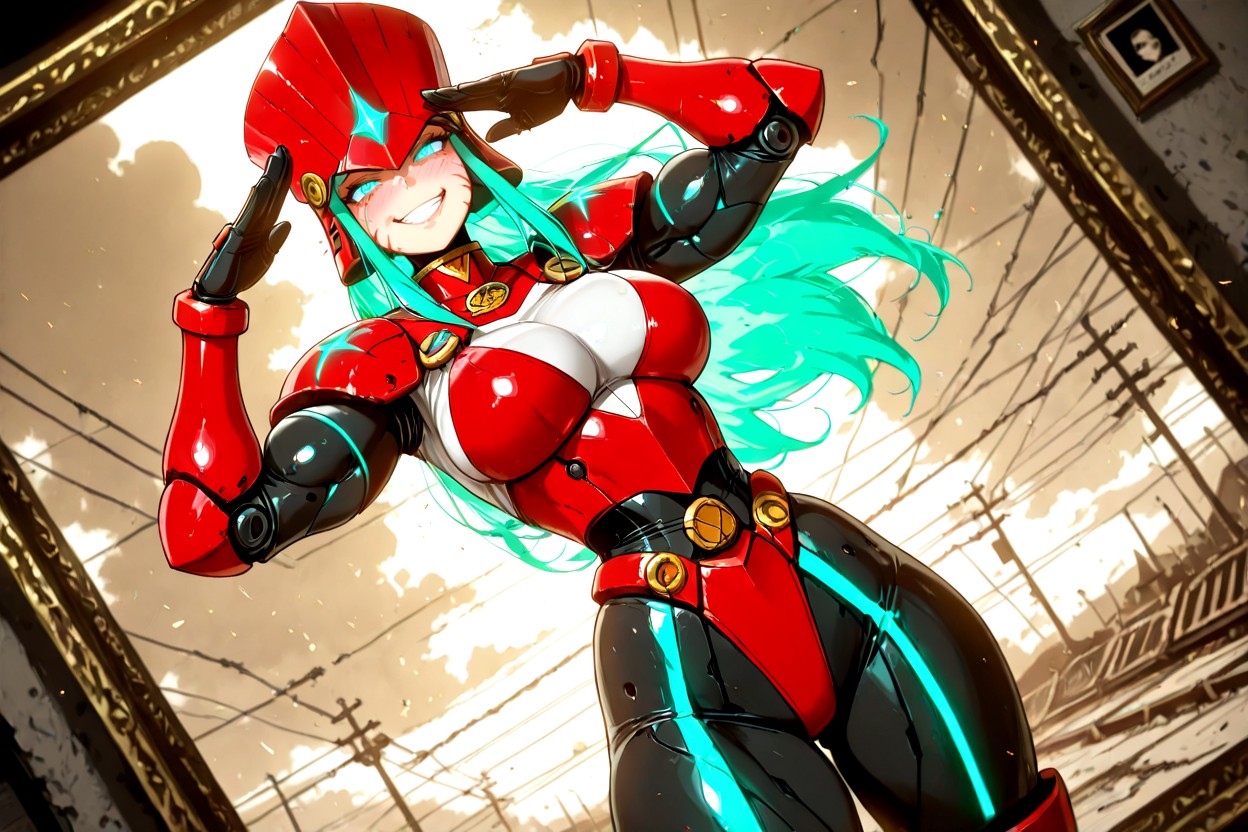 Cyan Energy Lines Glowing Through The Joints, All-red Power Armor With Distinct Mechanical Paneling, 站立 AI黃漫