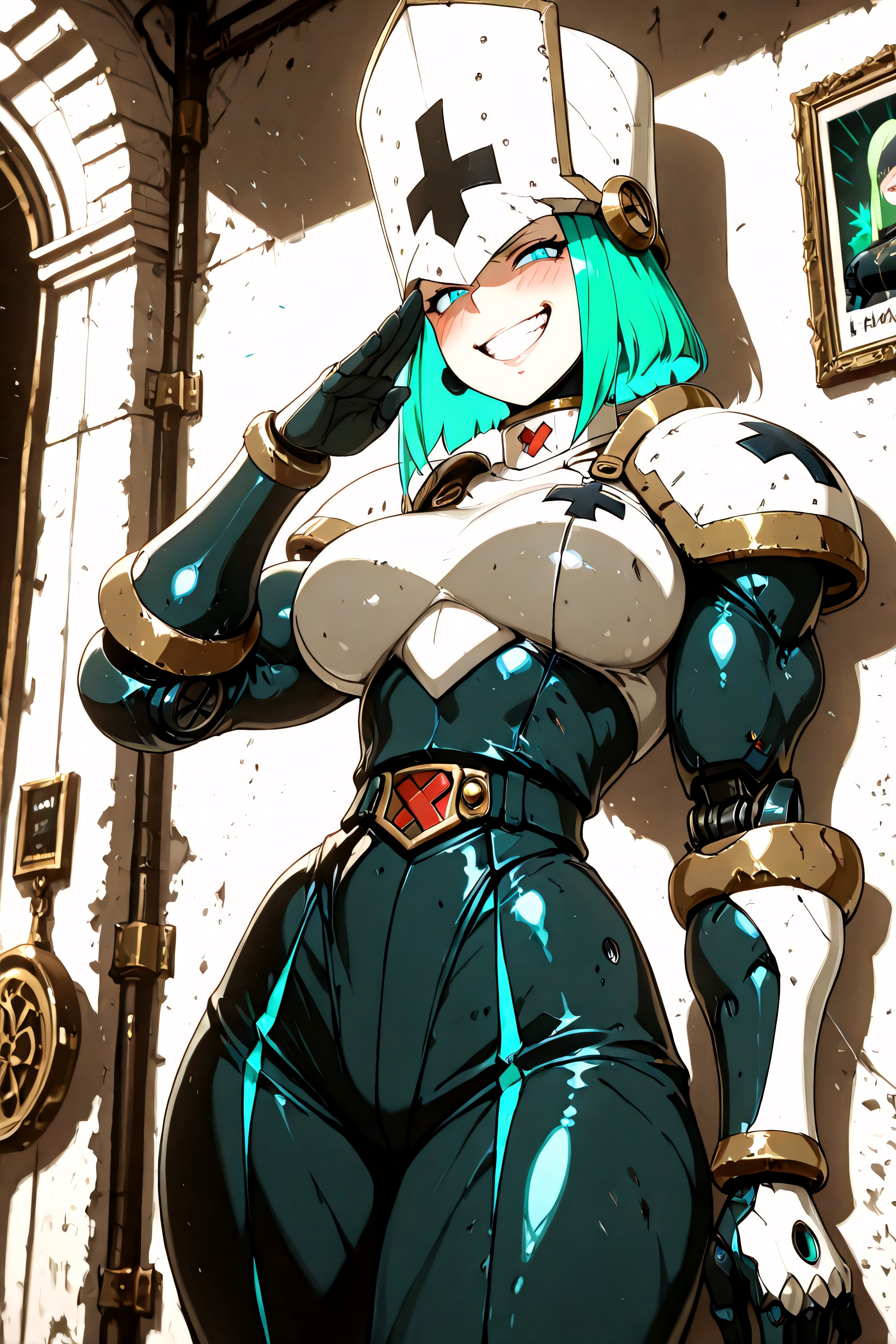 Voluminous Neon-green Hair Streams From The Back Of The Towering Helmet, Schlitzohrig, Taillenschuss Hentai KI Porno