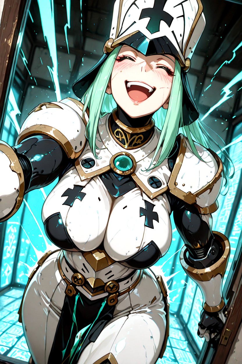 Imposing Crimson And Black Mechanized Bishop’s Mitre Helmet, Leaning Forward, Paired With Solid Hentai AI Porn