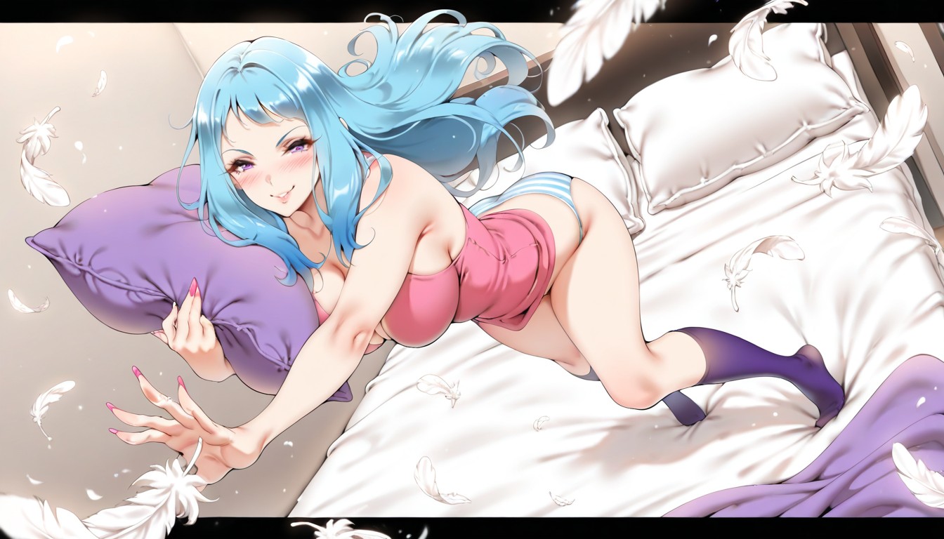 Feathers Everywhere, One Pillow Only, Blue Hair Hentai AI Porn