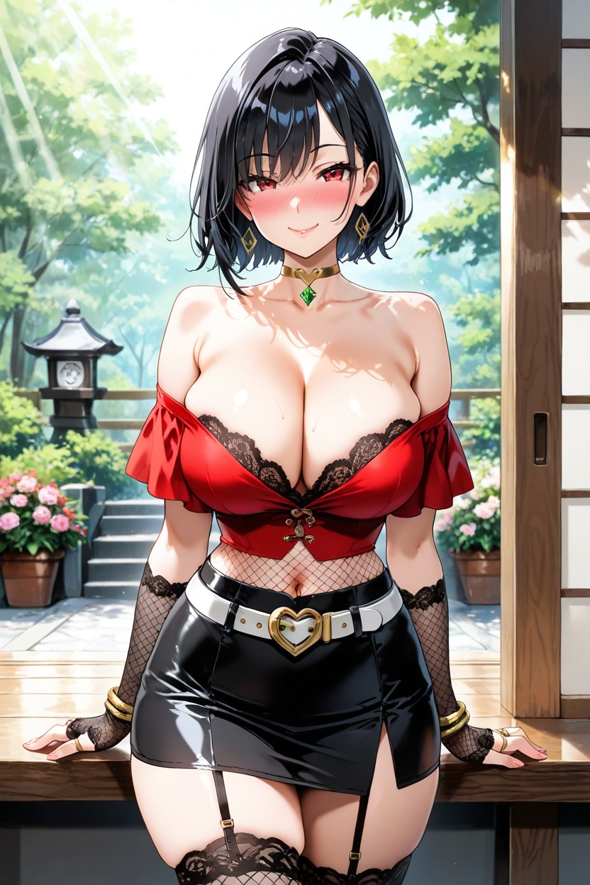 Flirty Look, Red Off-the-shoulder Top, Long Black Fingerless Fishnet Gloves Hentai AI Porn