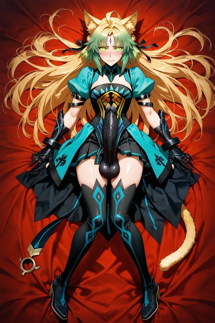 Detached Teal Puff Sleeves Held By Buckled Leather Straps, She Is Lying Centered On A Plain White, Perfect Sexy Figure Hentai AI Porn