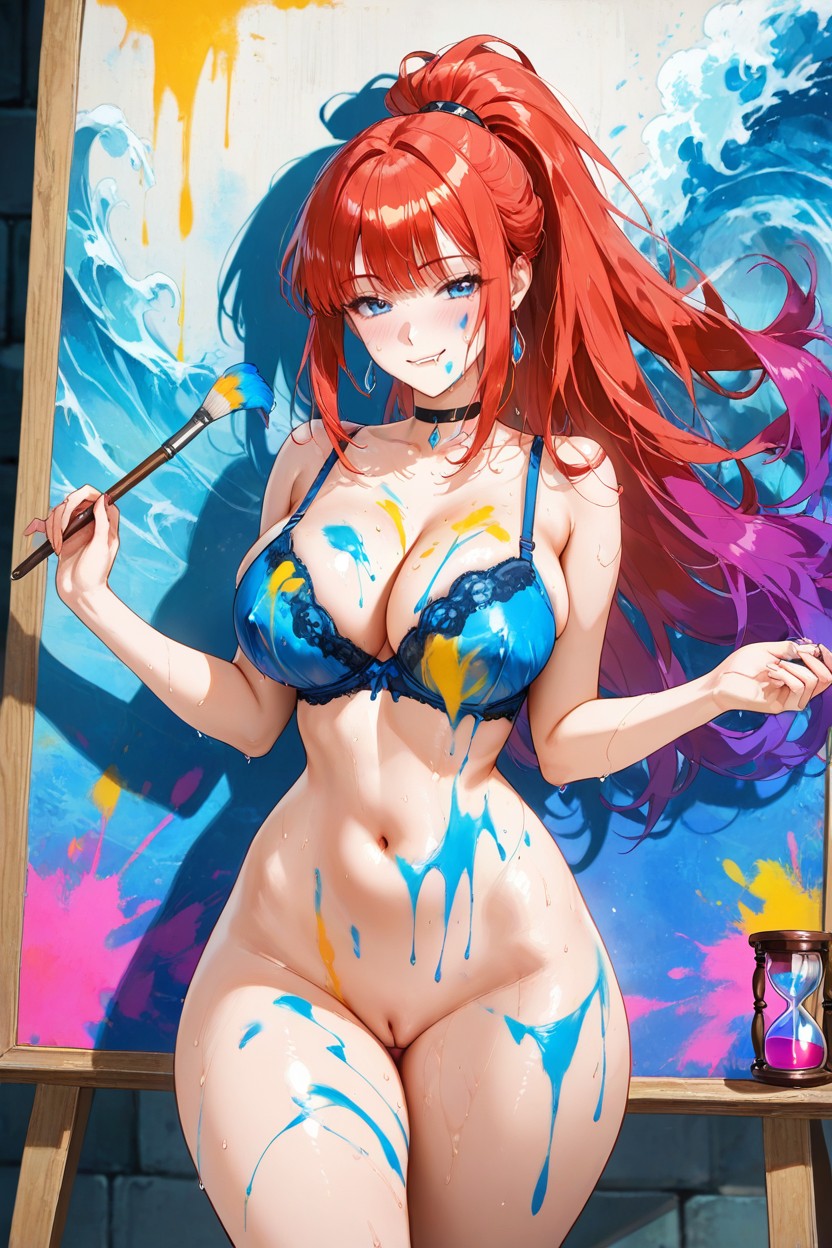 Smile, Ponytail Hair Style, Painted Blue Panty Her Body Porno IA Hentai