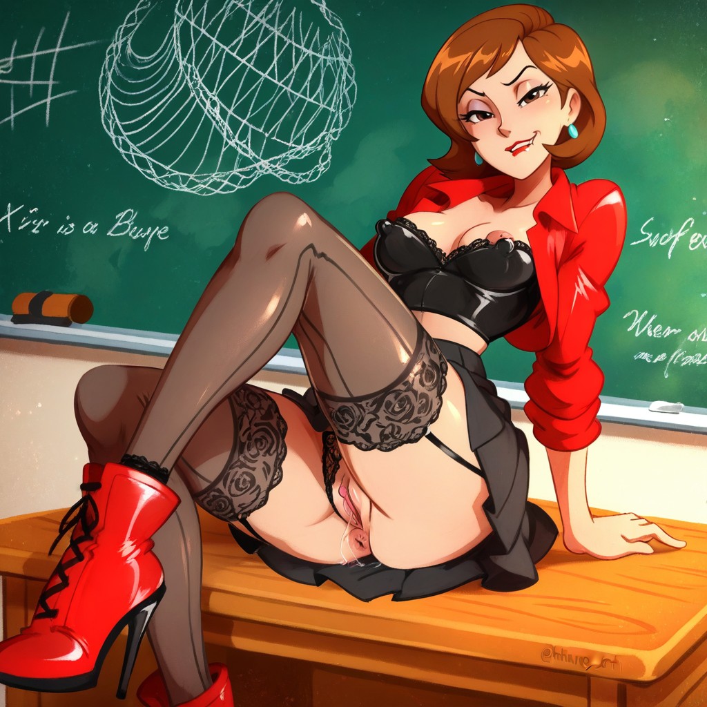Biting Lip, Classroom, Brown Bob Hair Hentai AI Porn