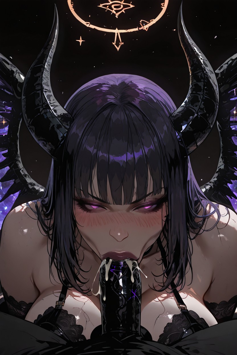 Large Black Horns With Silver Veins, Barely-there Floating Black Glitch Lace Bra Connected By Black And Gold Choker, Whole Dick In Mouth ヘンタイAIポルノ
