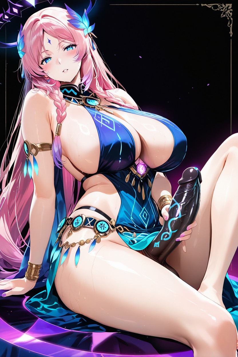 Glowing Blue Runic Patterns On Torso, Perfect Feet, Perfect Sexy Figure Hentai IA