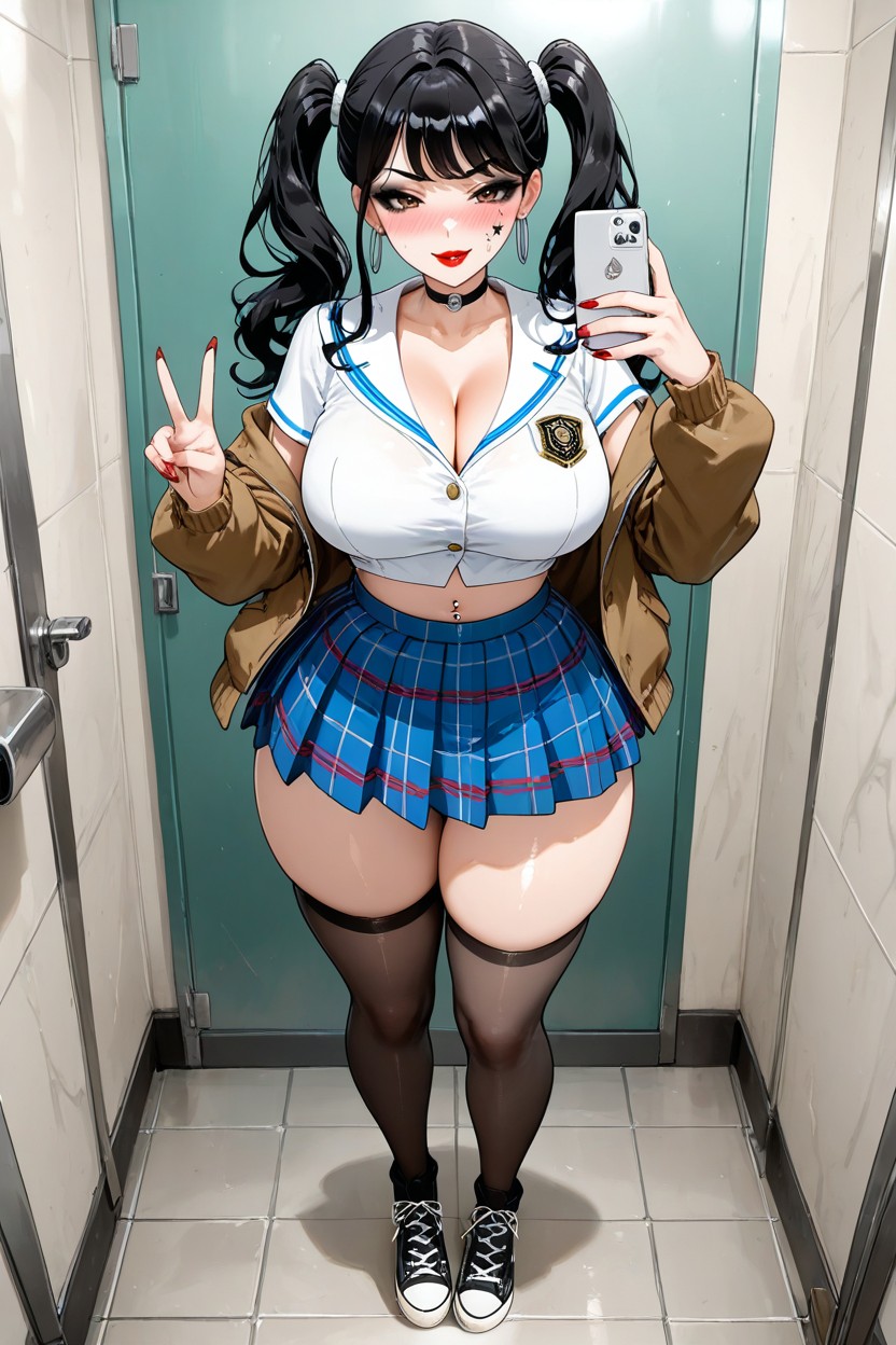 Selfie, Black Eyeliner, Twin Tails Hairstyle Hentai AI Porn