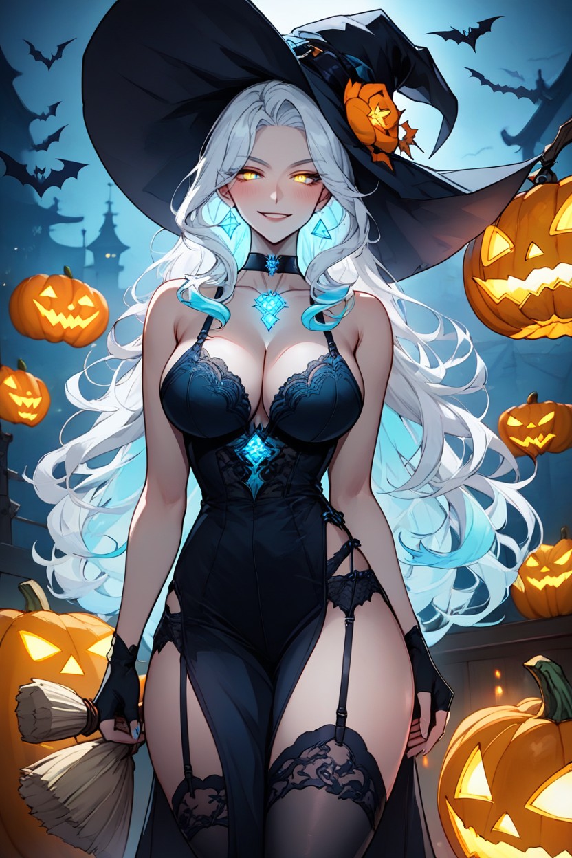 Glowing Pumpkin Lantern Attached To Broom, Magical Blue Moonlight, Wearing A Revealing Gothic Witch Outfit Hentai AI Porn