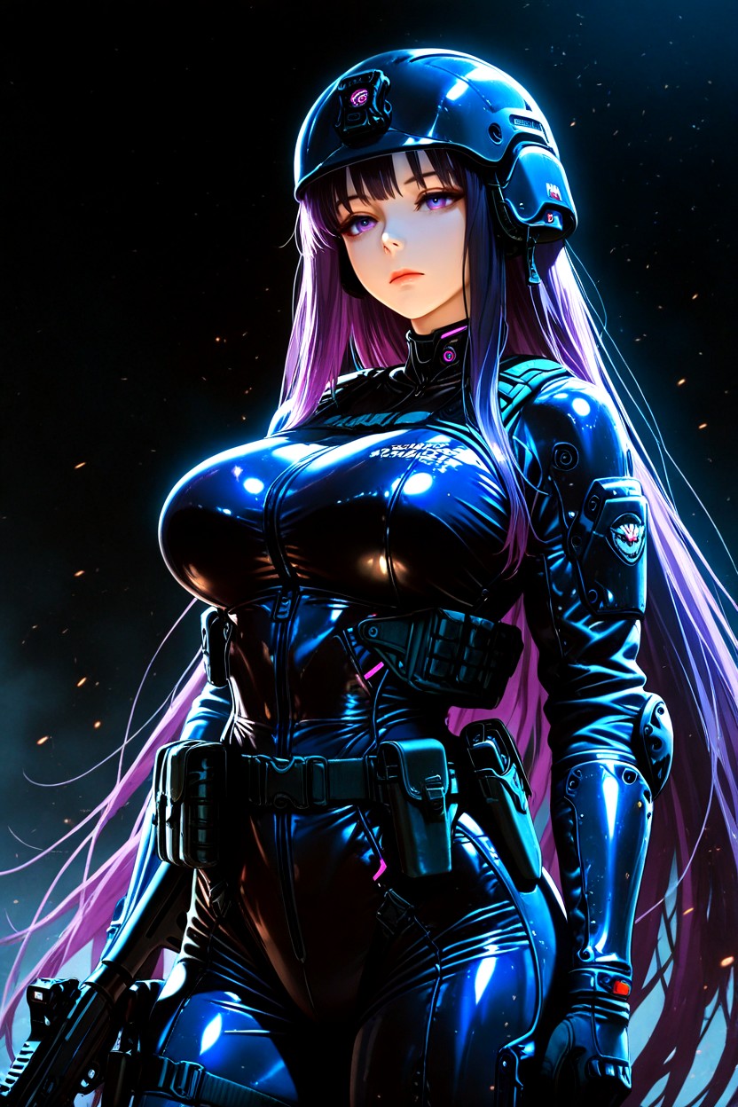 Night Operation Vibe, Cold Expression, Glossy Black Fabric Hentai IA