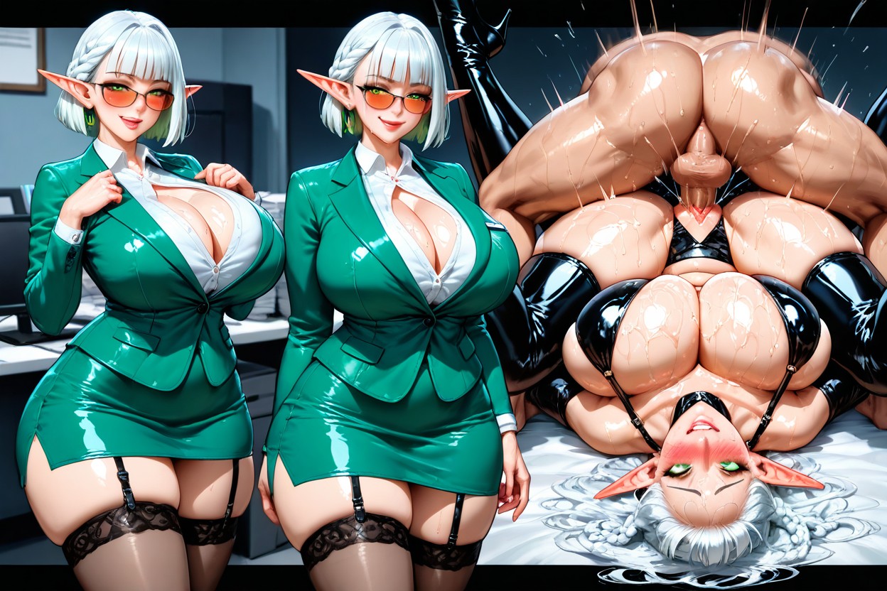 Curvy, Seductive, Wearing A Very Tight Green Business Suit Hentai IA