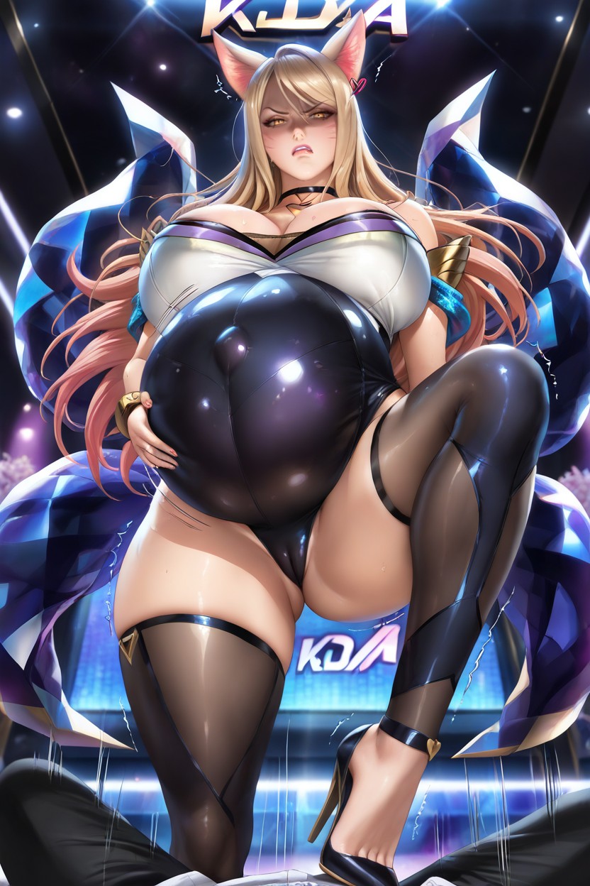 K/da Ahri Standing, Shaded Face, K/da Ahri Looking Down At Pov Viewer Hentai AI Porn