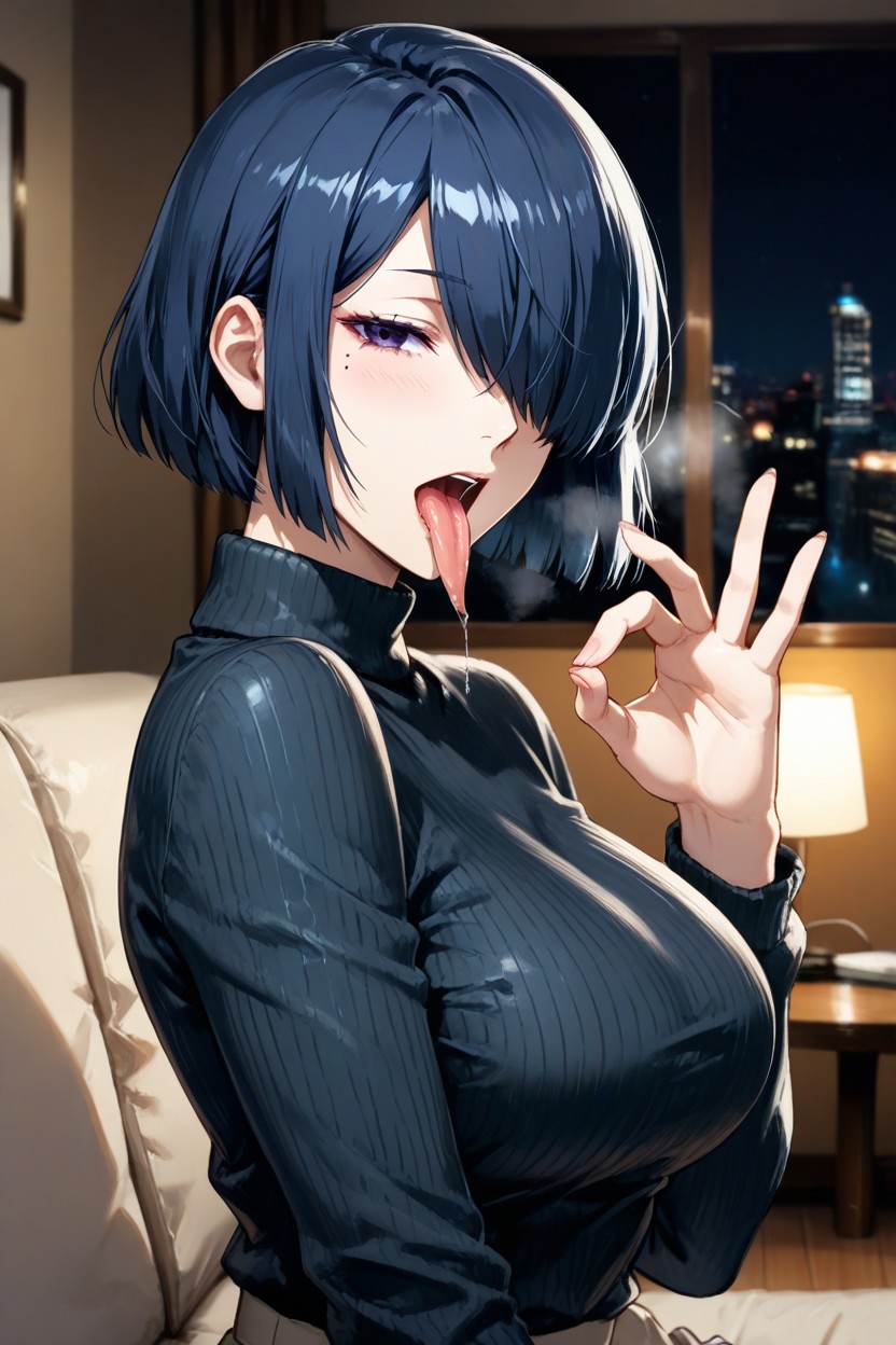 Large Breast, Half Closed Eye, Hair Over One Eye Hentai AI Porn