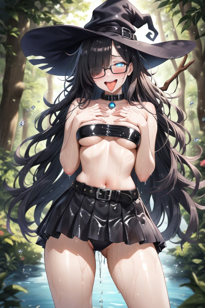 Very Long Hair, Skin Covered With Water Drops, Black Hair Hentai AI Porn
