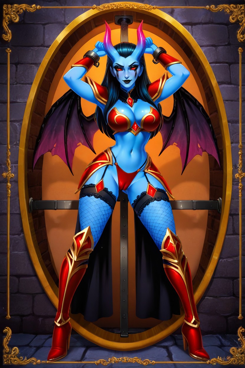 Both Golden Legs Bracelets, Arms Over Head, Slicked Back Oni Horns Hentai IA