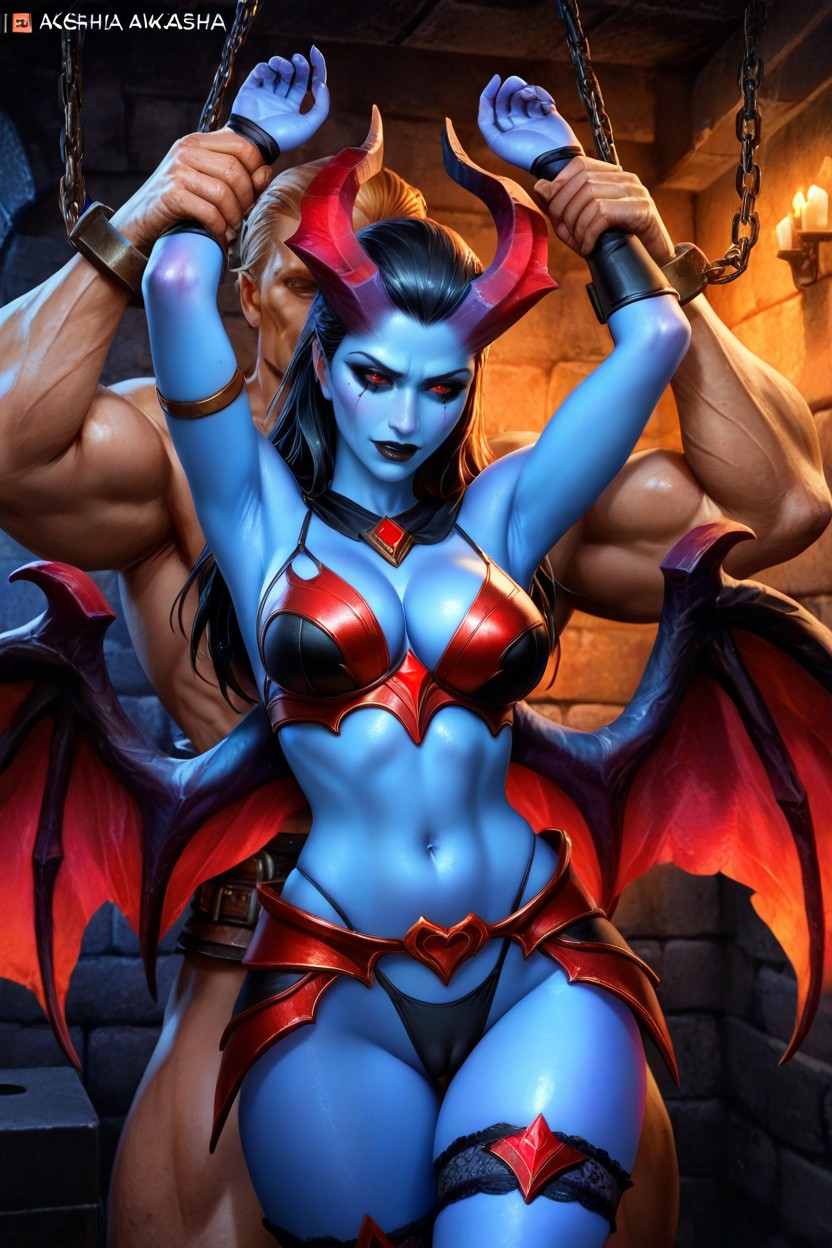 Man With Fantasy Armor, Succubus Suspended By Chains, Close Up Hentai AI Porn