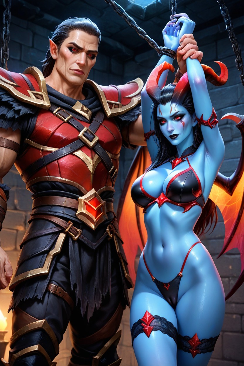 Man With Fantasy Armor, Man Standing Behind Woman, Black Gothic Makeup Hentai AI Porn
