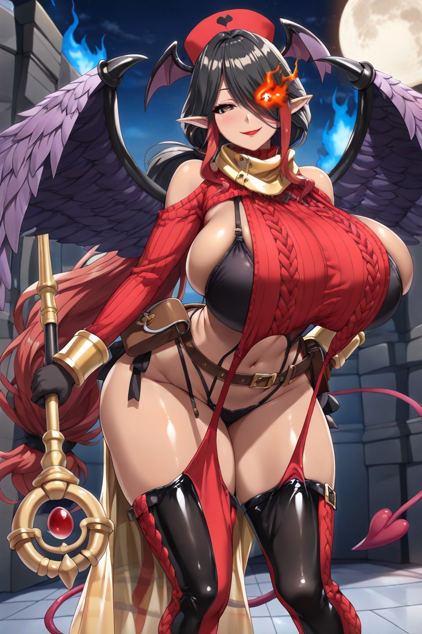 G-string, Insanely Long Hair, Black Cloth Chaps With Outer Thigh Cutouts Hentai AI Porn