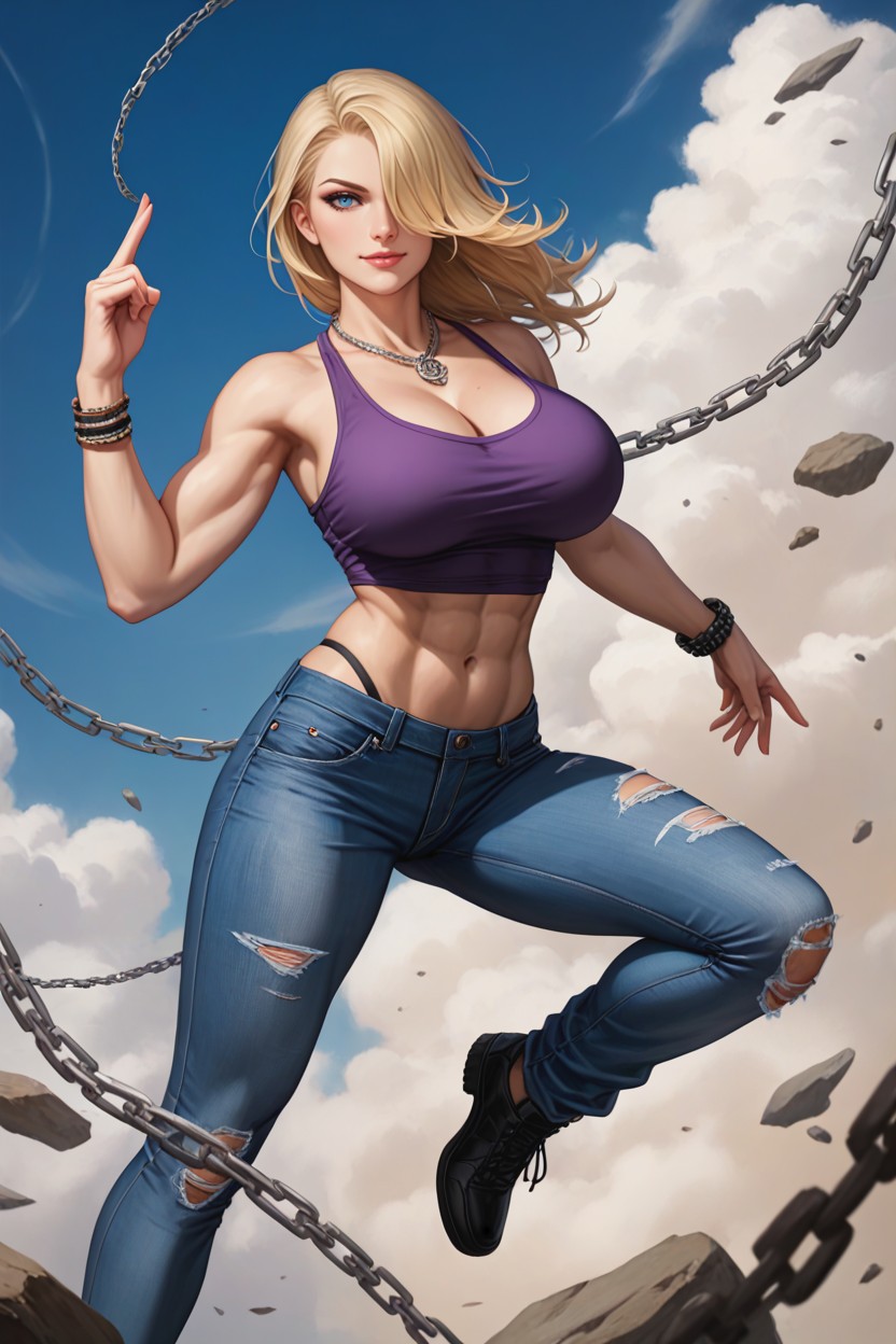 Purple Tank Top, Stomach Shown, Visible A Black Thong Slightly Peeking Above The Jeans Hentai IA