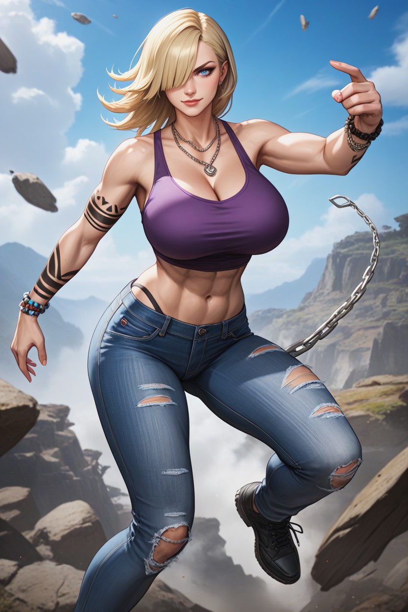 Realistic Face Full Body View Dynamic Fighting Stance, Simple Necklace With Round, Fighting Hentai IA