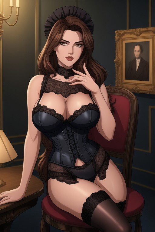 Moody Tones Of Sepia, Gothic-inspired Black Corset With Lace Trim, 18+ Hentai KI Porno