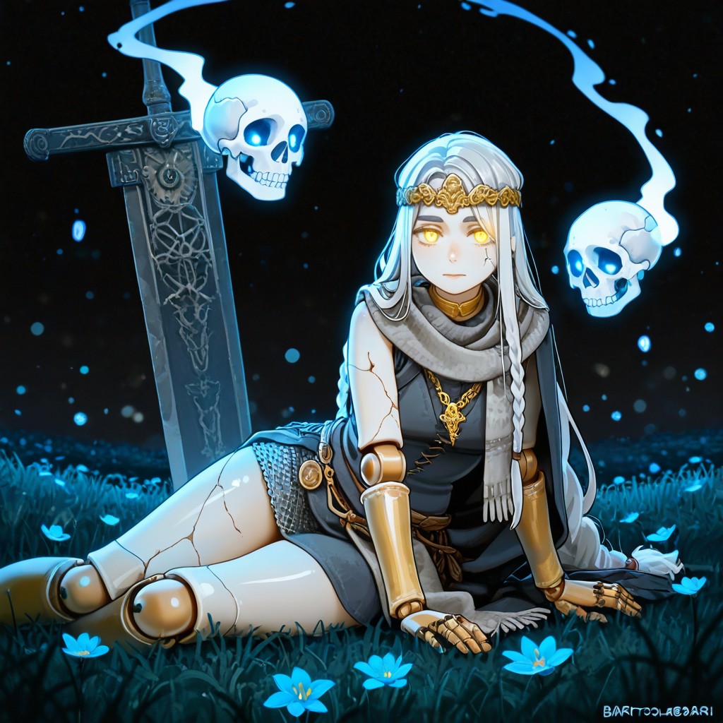 Ivory Hair, Gold Head Circlet On Top Of Head, Bartolomeobari Style Hentai AI Porn