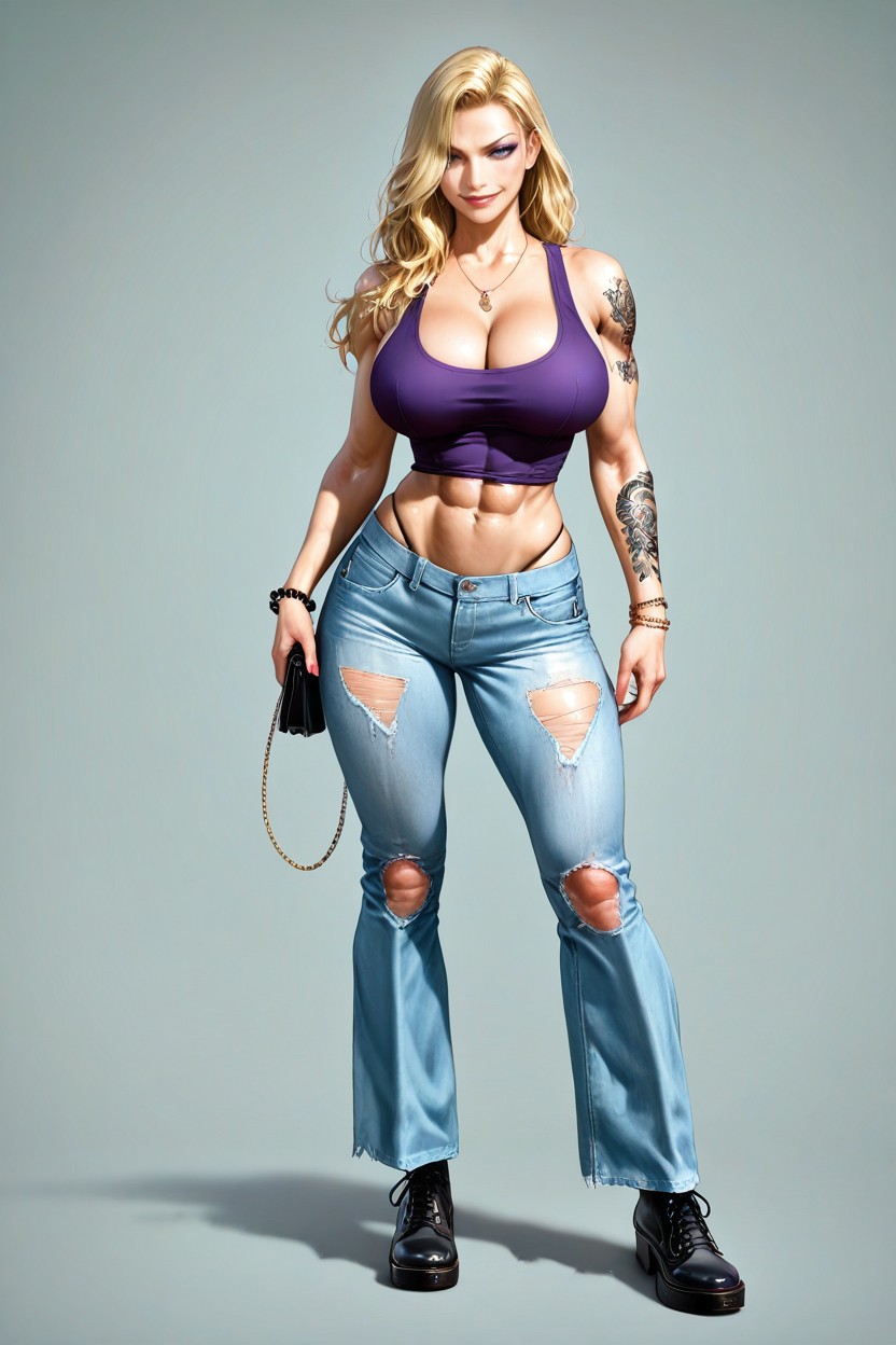Broad Shoulders, Rips At The Knees Wide-legged Jeans, Deep Side Part Hentai AI Porn