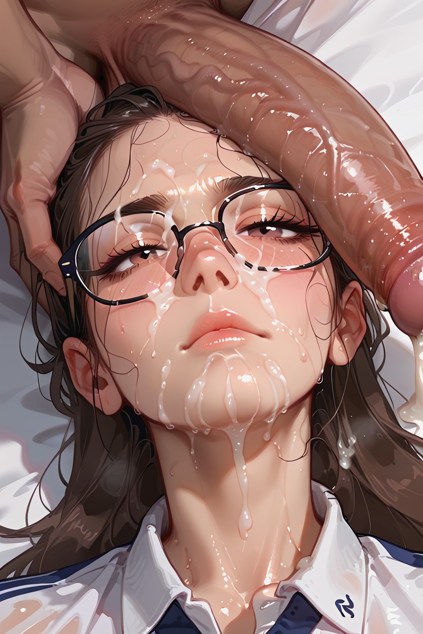 Brunette, Glasseswearing Wet Tennis Uniform, Long Hair Hentai AI Porn