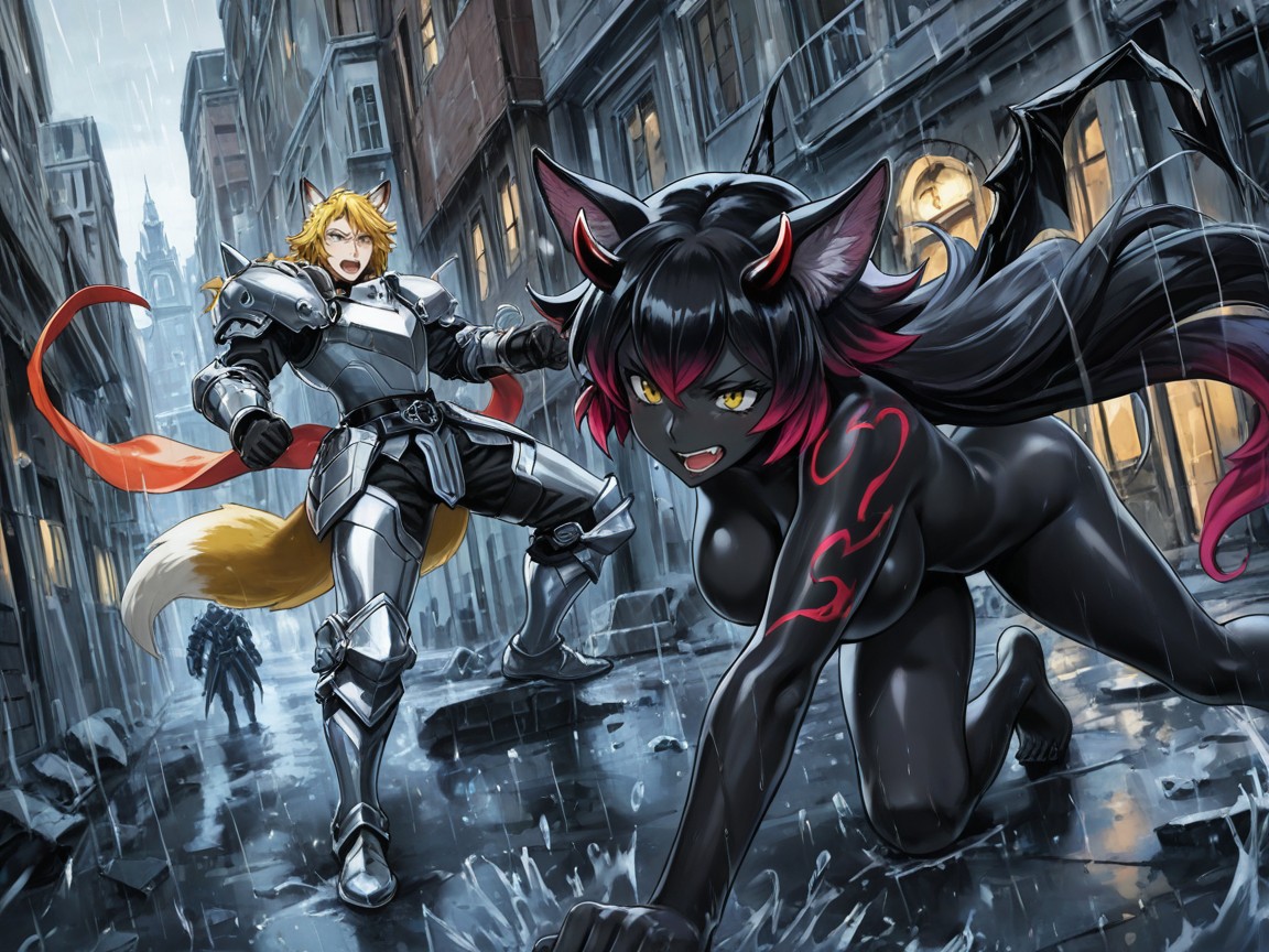 Focus Point Armor, Outside In Rainstorm, Men And Women Hentai AI Porn