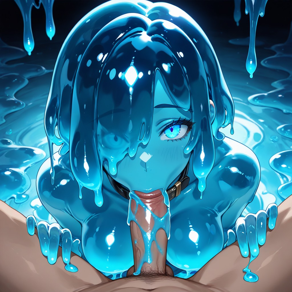 Wearing Black Collar, Blue Slime Floor, Blue Skin Hentai AI Porn