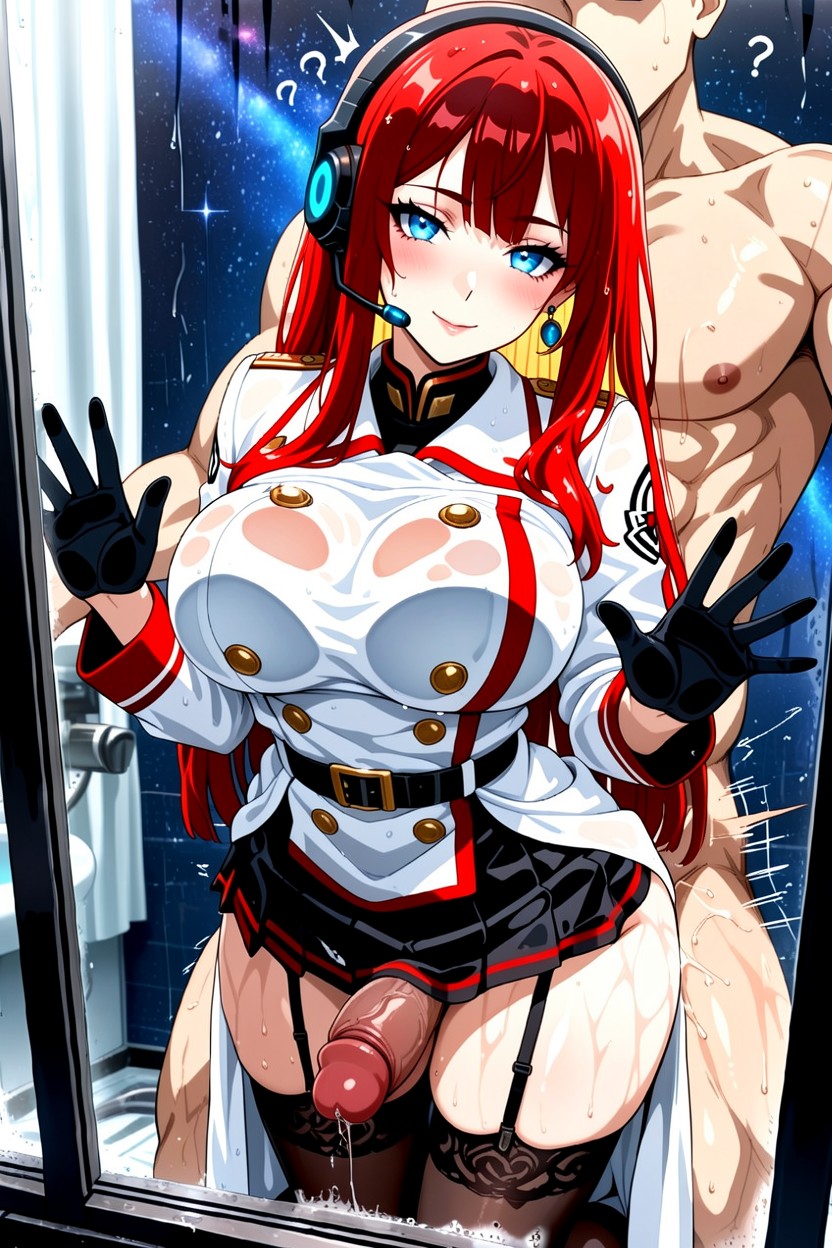 Red Hair Partially Covering Right Eye, Pubic Hair, Expressive Blue Eye Hentai AI Porn