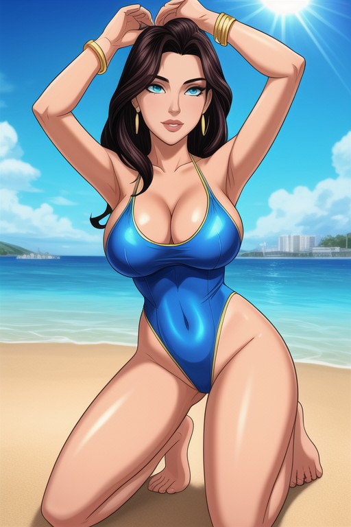 And Luxurious, Natural Lighting, Kneeling On The Soft White Sand She Wears A Shimmering Hentai AI Porn