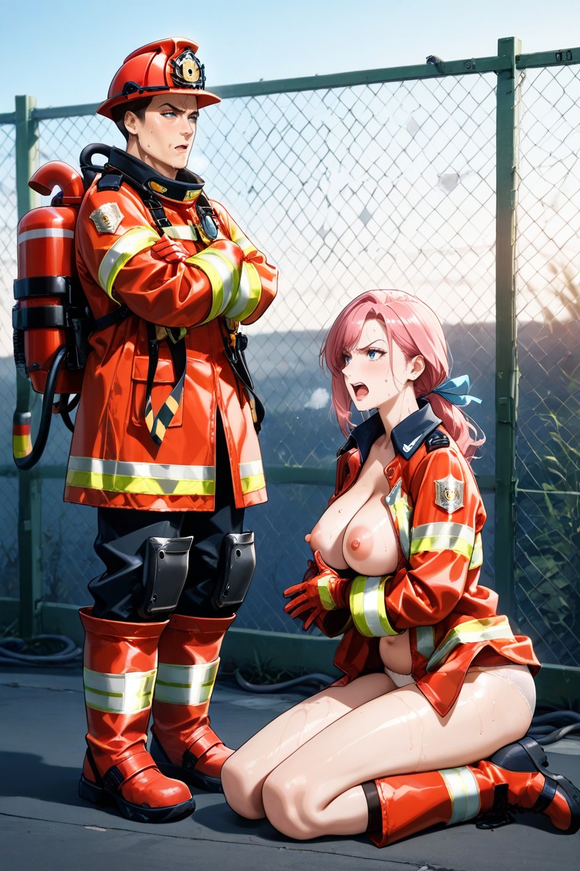 Wearing Red Firefighter Hard Hat, Oversized Hi-rise Red Firefighter Boots, Tilted Angle Shot Hentai AI Porn
