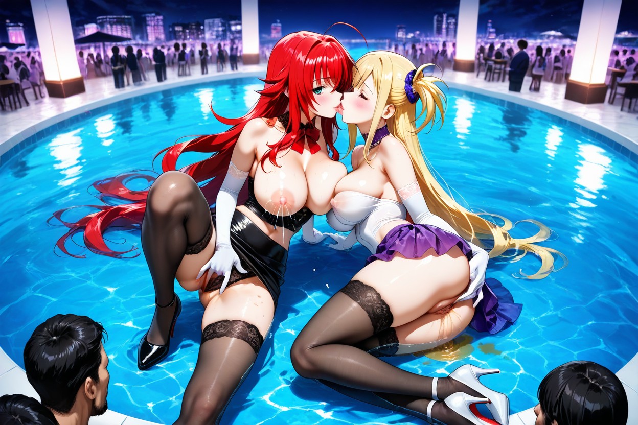 Lesbians, White Long Gloves, Tits Covered Bulge On Tight Top Hentai AI Porn