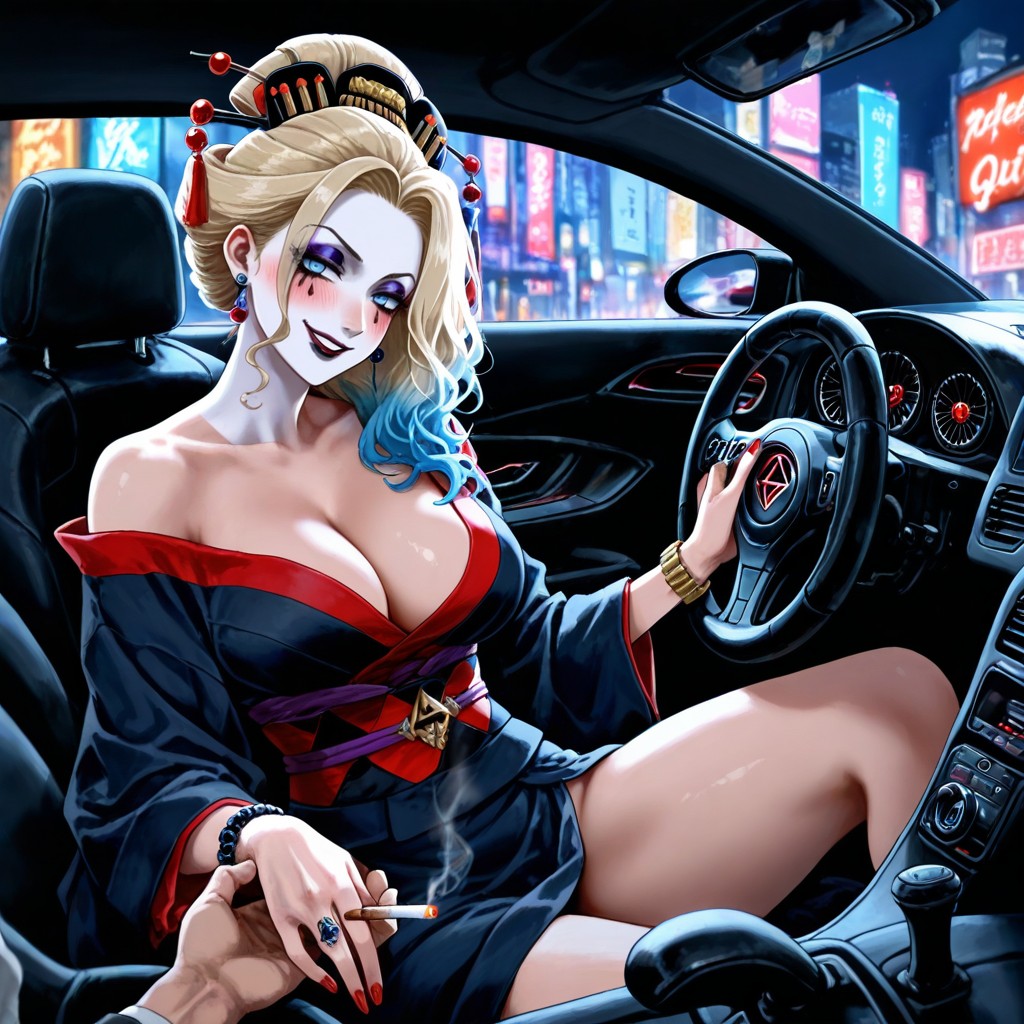 Dark Cinematic Lighting, Pelo Rubio, Harley Quinn Wearing A Black Sexy Kimono Hentai IA
