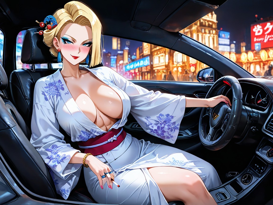 With A Smile On Her Face, Wearing A White Sexy Kimono, Perfect Tits Hentai AI Porn