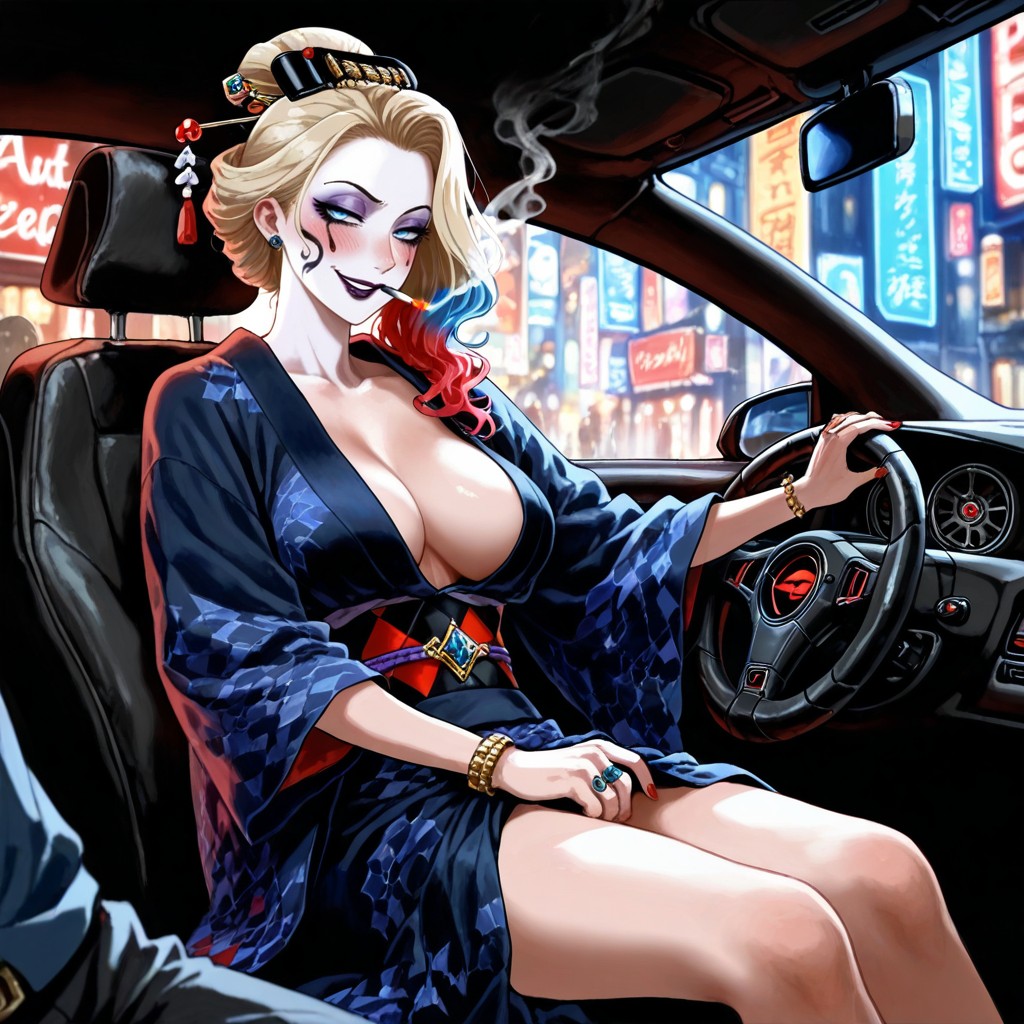 Sitting Inside Car Driving The Car, Perfect Tits, Her Legs Spread Hentai AI Porn