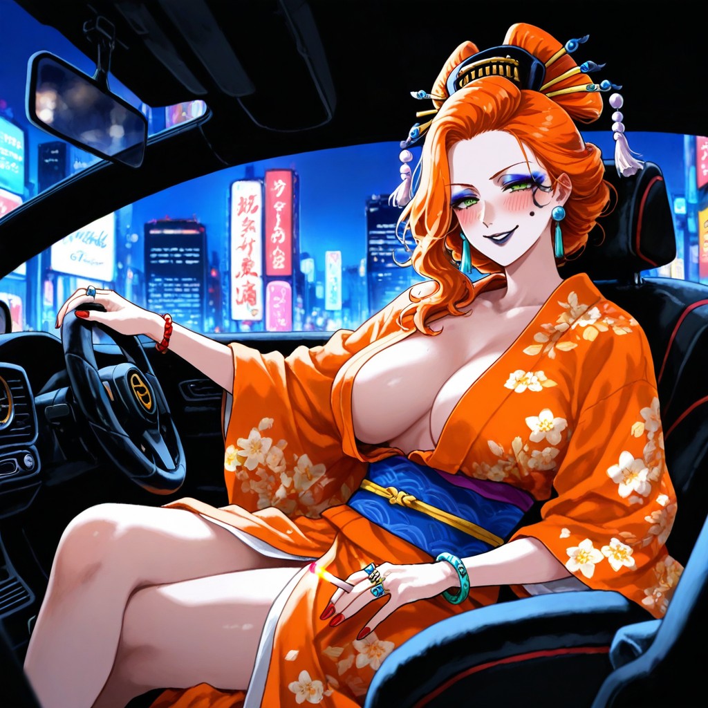 Ginger, A Night City Street With Illuminated Skyscrapers And Lampposts, Seductive Expressions Hentai AI Porn