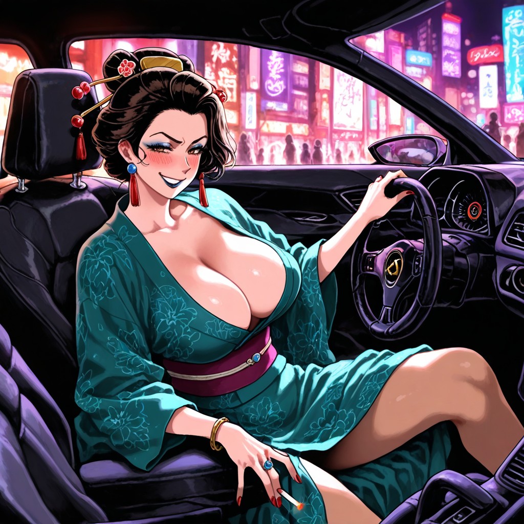 Geisha Makeup, ¾ Angle From The Front And Right, Sitting Inside Car Driving The Car Hentai AI Porn