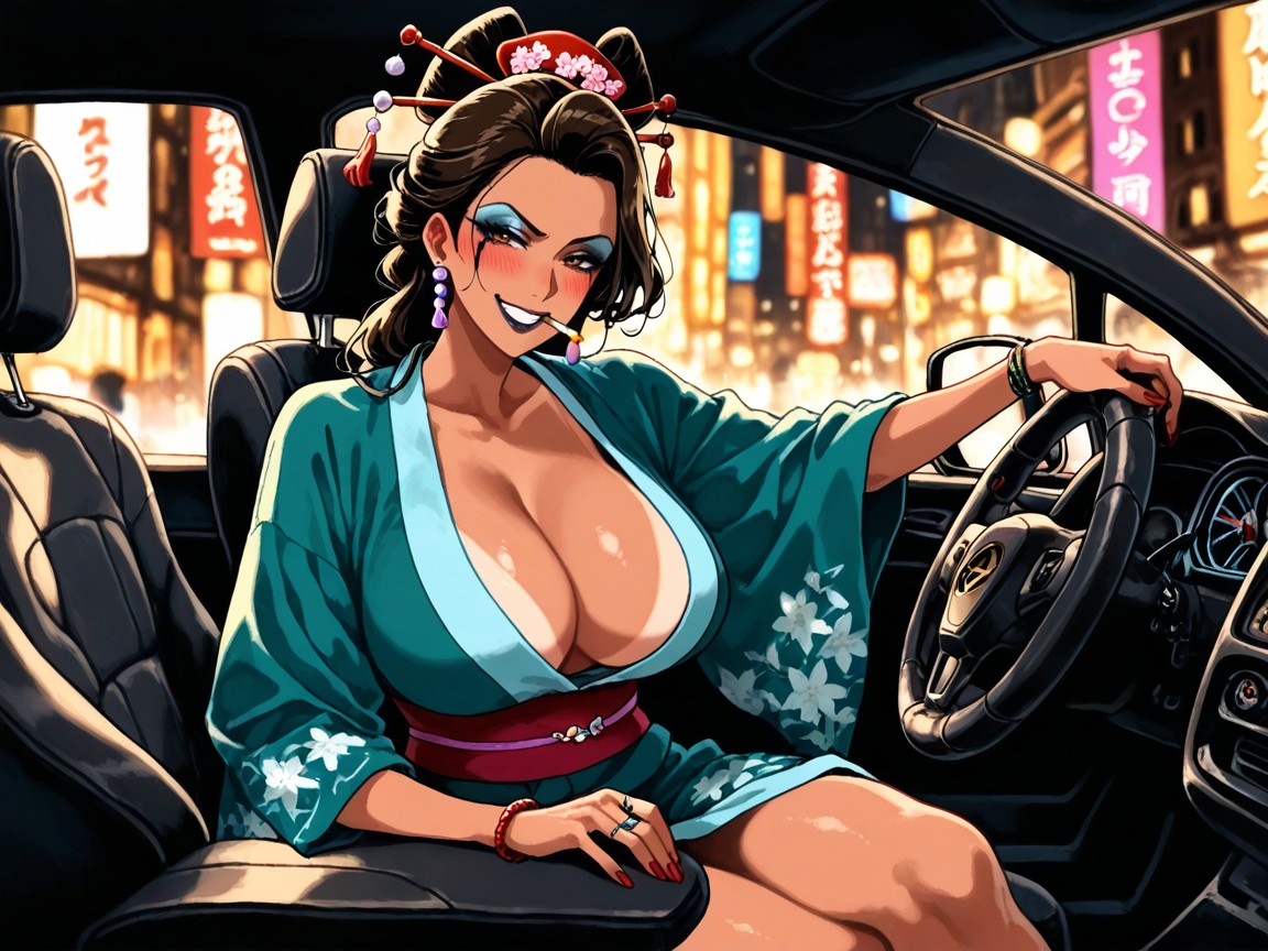 Driving A Pink Lamborghini, ¾ Angle From The Front And Right, Ultra Detailed Hentai AI Porn