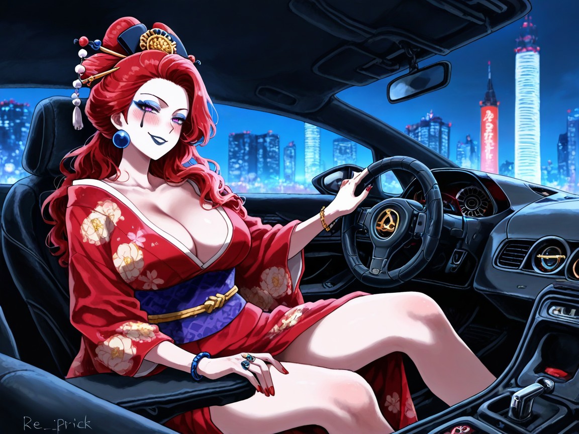 Jessie From Pokemon Wearing A Red Sexy Kimono, Rings, ¾ Angle From The Front And Right Hentai AI Porn