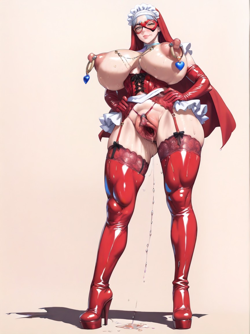 Exposed Breasts, Red Thigh High Latex Boots, Swollen Clitoris Hentai AI Porn