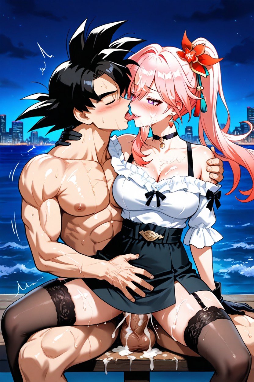 She On Top Of Goku, Naughty, She Has One Hand On Goku's Neck Hentai IA