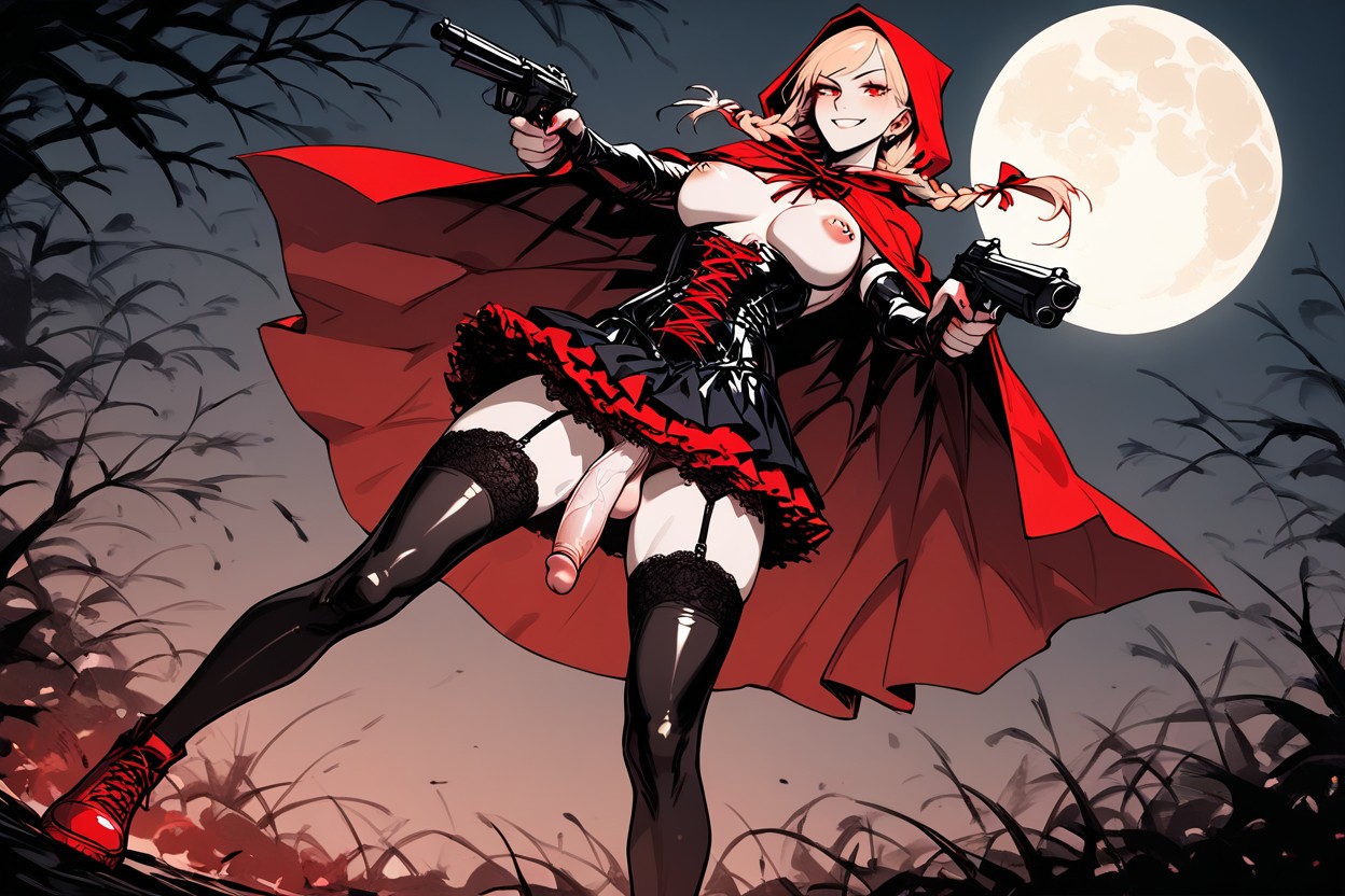Rounded Breasts, Two Hands Shooting Guns, Red Full Moon Hentai AI Porn