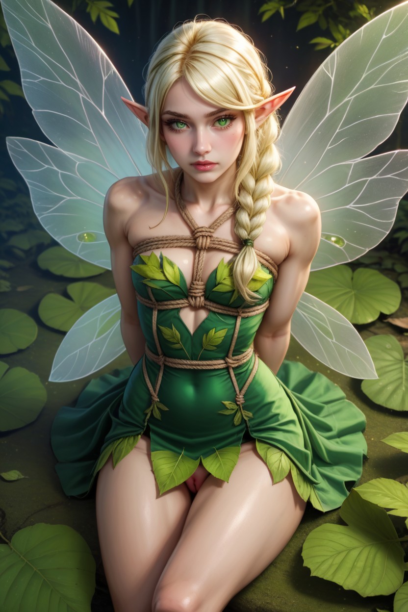 White Woman, Visible Ribs, Neckline Minidress With A Jagged Leaf-like Hemline Hentai AI Porn