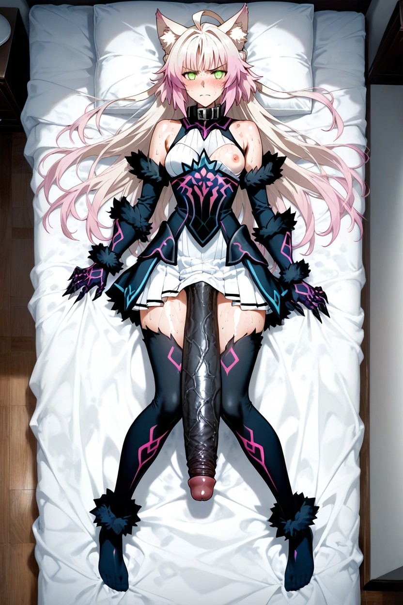 Large Cock, One Breast Exposed, Sleeveless Black And White Ornate Dress Featuring Blue Filigree Accents Hentai AI Porn